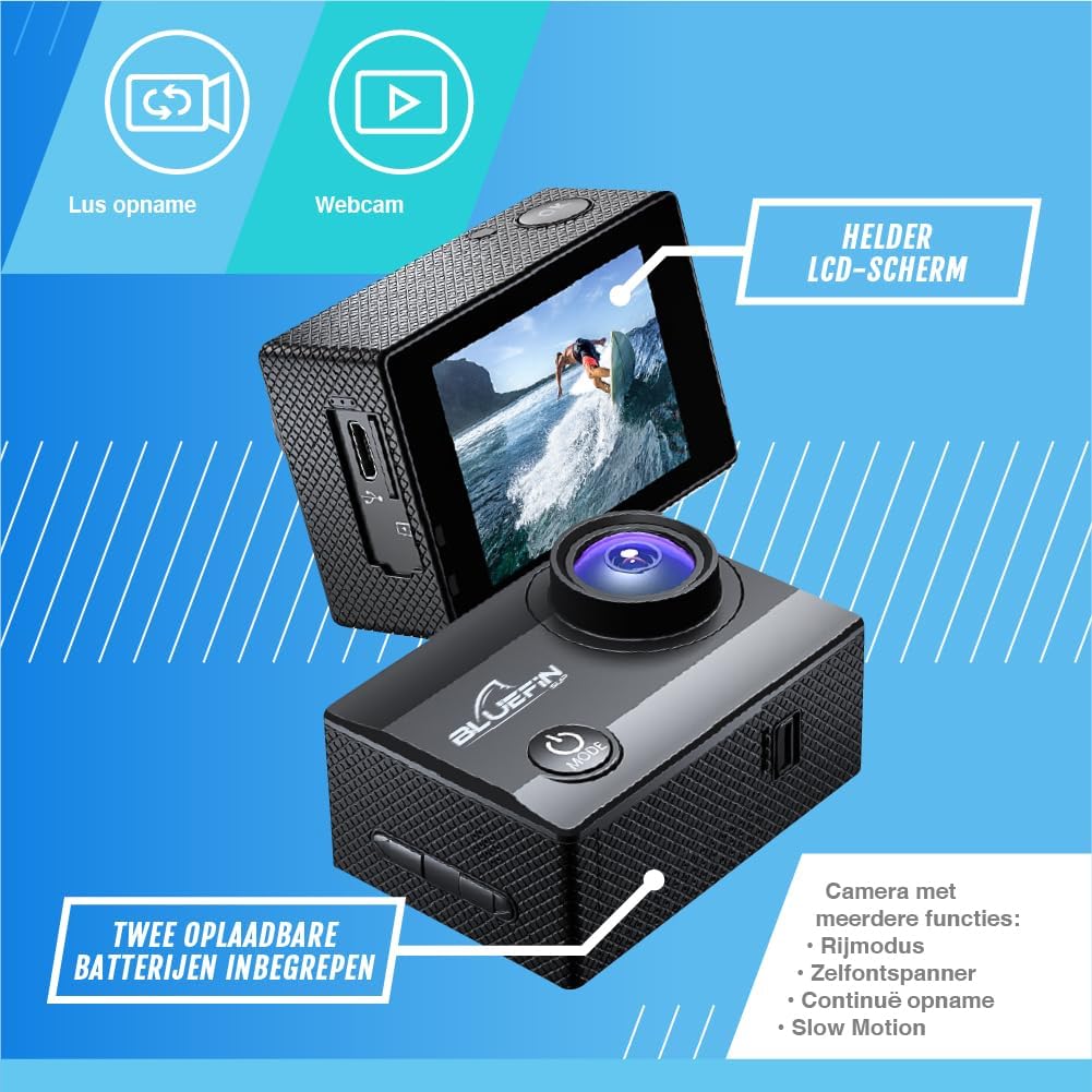 Bluefin C-Scape Action Camera 4K | Full HD Video- en Fotoresolutie | 1080p | 170 Graden Fisheye Lens | 30M Waterdicht | LCD Scherm | Wifi Verbinding | Oplaadbare Batterijen | Onderwatercamera