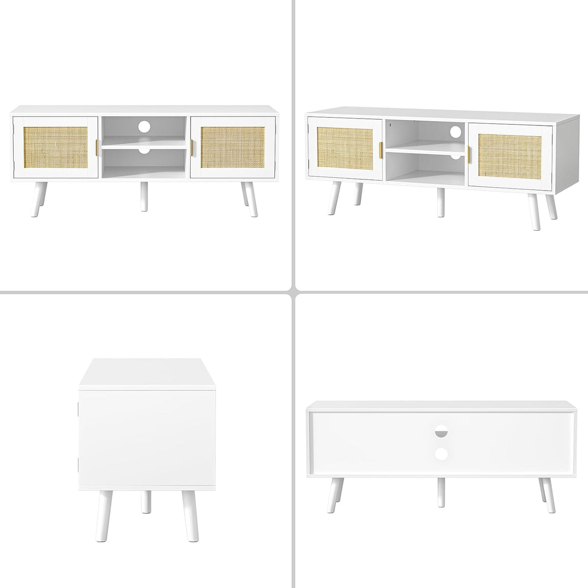 TV-meubel voor tv's tot 55 inch, rotan tv-console met 2 deuren en 2 open planken, Boho Media TV-kasten voor woonkamer, boerderij tv-units voor slaapkamer, wit