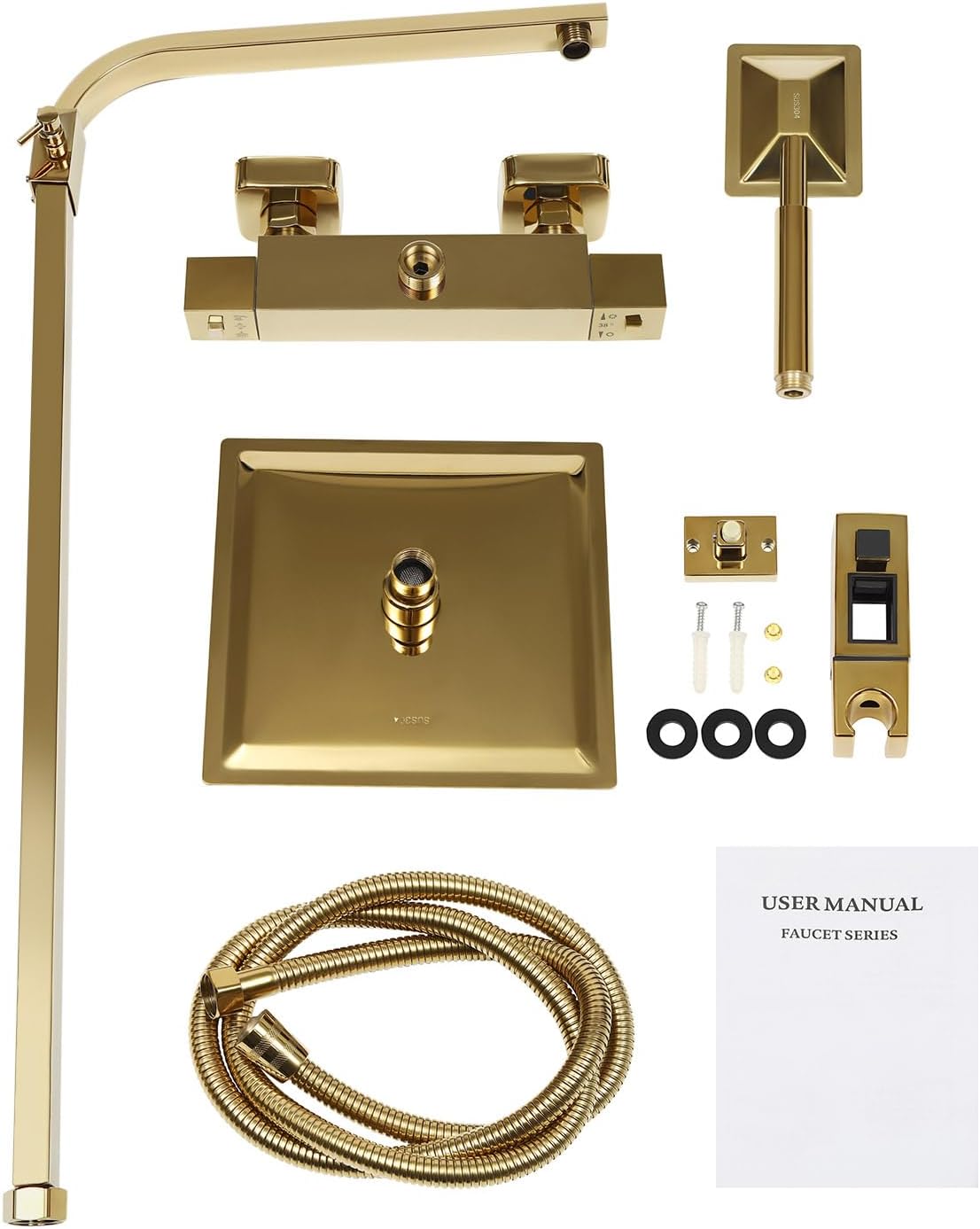 Douche Systeem – Regendouche – Douche Set – Douchekolom – Handdouche – Thermostatische Temperatuurregeling – Gouden Messing 20x20 cm