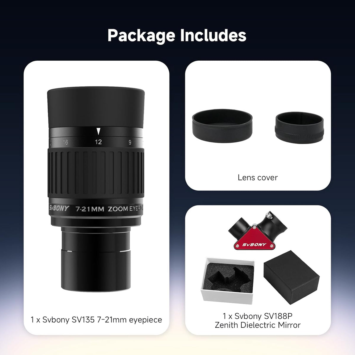 zoom telescoop oculair accessoires 1.25'' 7-21mm brandpuntsafstand 50° 47° veldweergave 18mm 16.3mm oogreliëf zenit diëlektrische spiegel 99% reflectiviteit astronomie planetaire maan mars deep sky