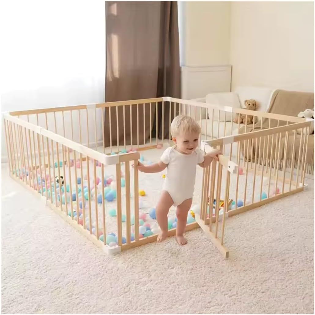 Kaëru Wooden Playpen for Babies – Baby Park – Crawling Box – Safe and spacious play area – 180x180x61cm – With white connectors – Perfect for crawling and playing - QUORE