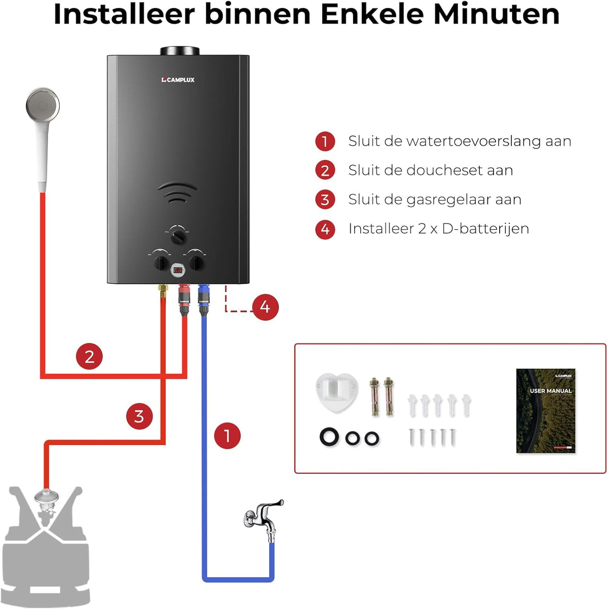 CAMPLUX Gas Boiler 20 L/min Tankless, voor Buitendouche, Camping, Butaan (28-30 mbar)/ Propaan (37 mbar), 40 kW
