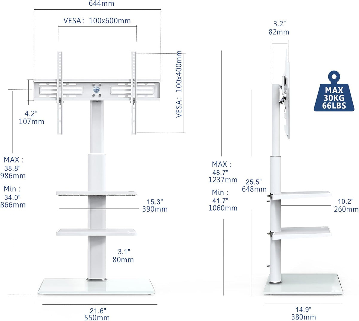 Tv-Vloerstandaard Wit – Tv Standaard – Tv Stand – Universele Tv Standaard – Vrijstaande Tv Standaard – Voor 32-60 Inch Tv met 3 Planken, Draaibaar Tot 70°
