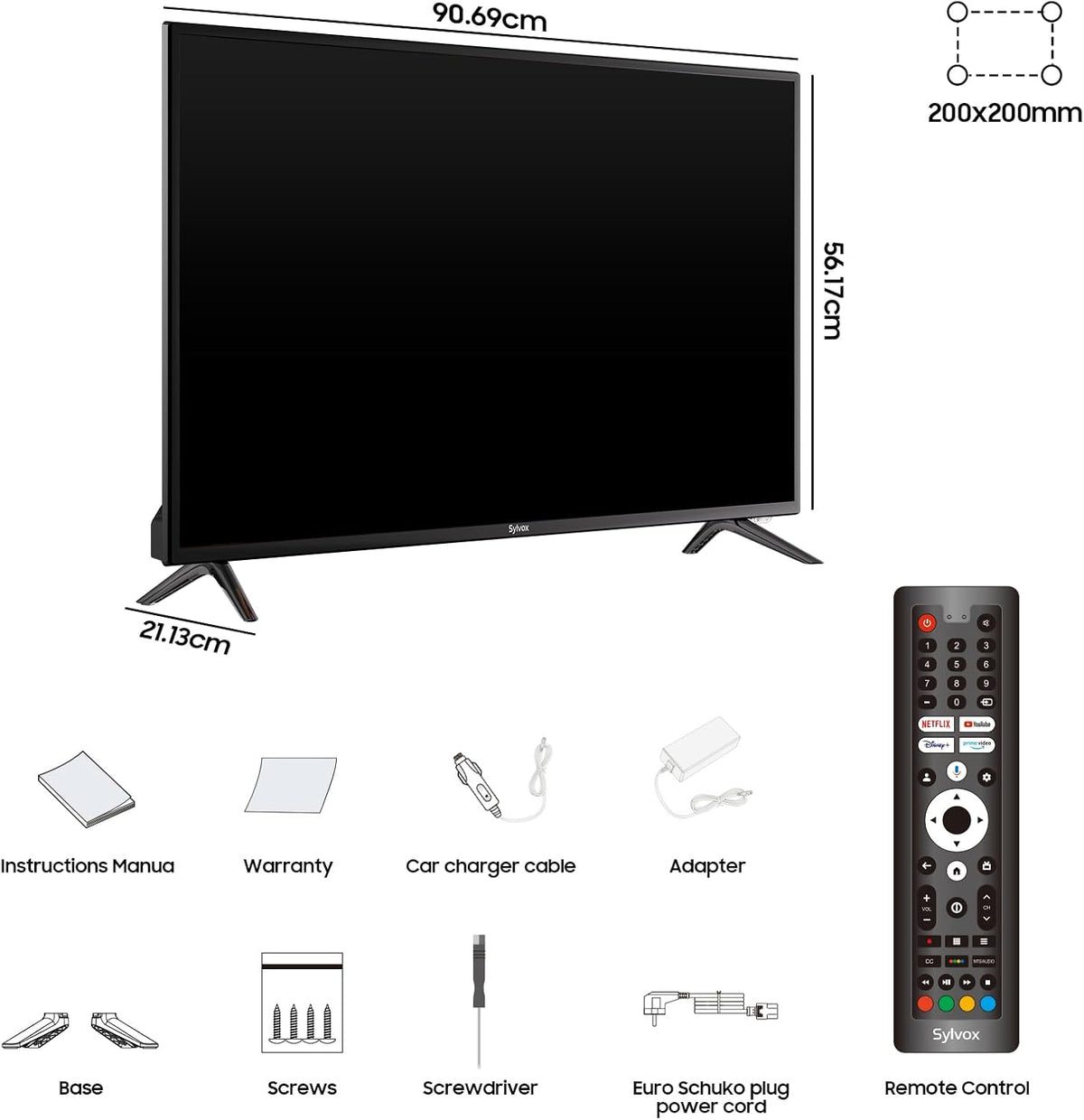 SYLVOX 40 inch Smart Google TV 12V Televisie LED 1080P|10-32V|HbbTV|DVB-T2-S2|Handy op TV,Afstandsbediening met spraakbediening,voor campers, woonkamer, voertuig Smart TV