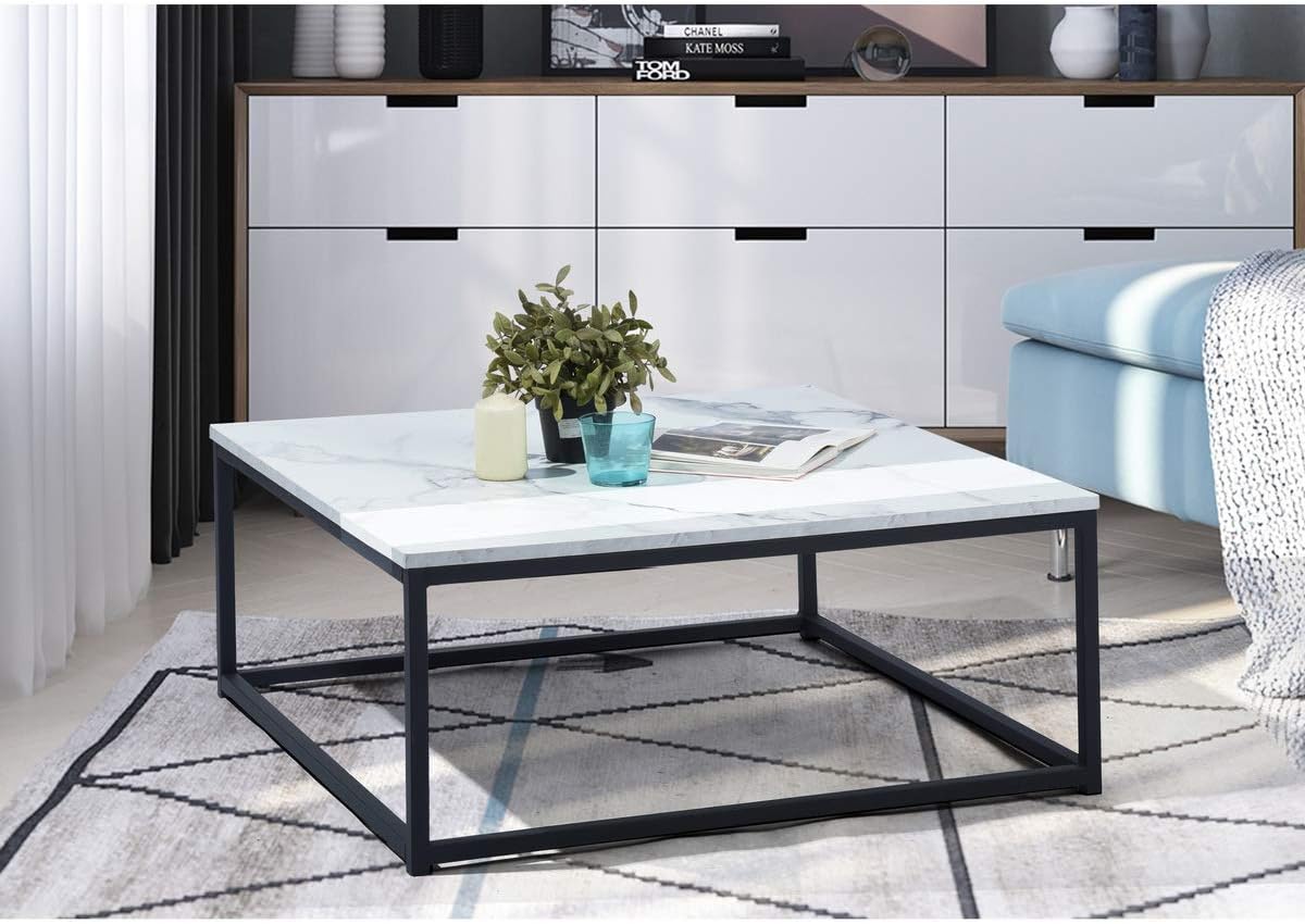 MEUBLE COSY Koffietafels met imitatie marmer-look, moderne vierkante woonkamertafel, met stalen frame, bijzettafel, metaal, zwart, 80x80x34cm