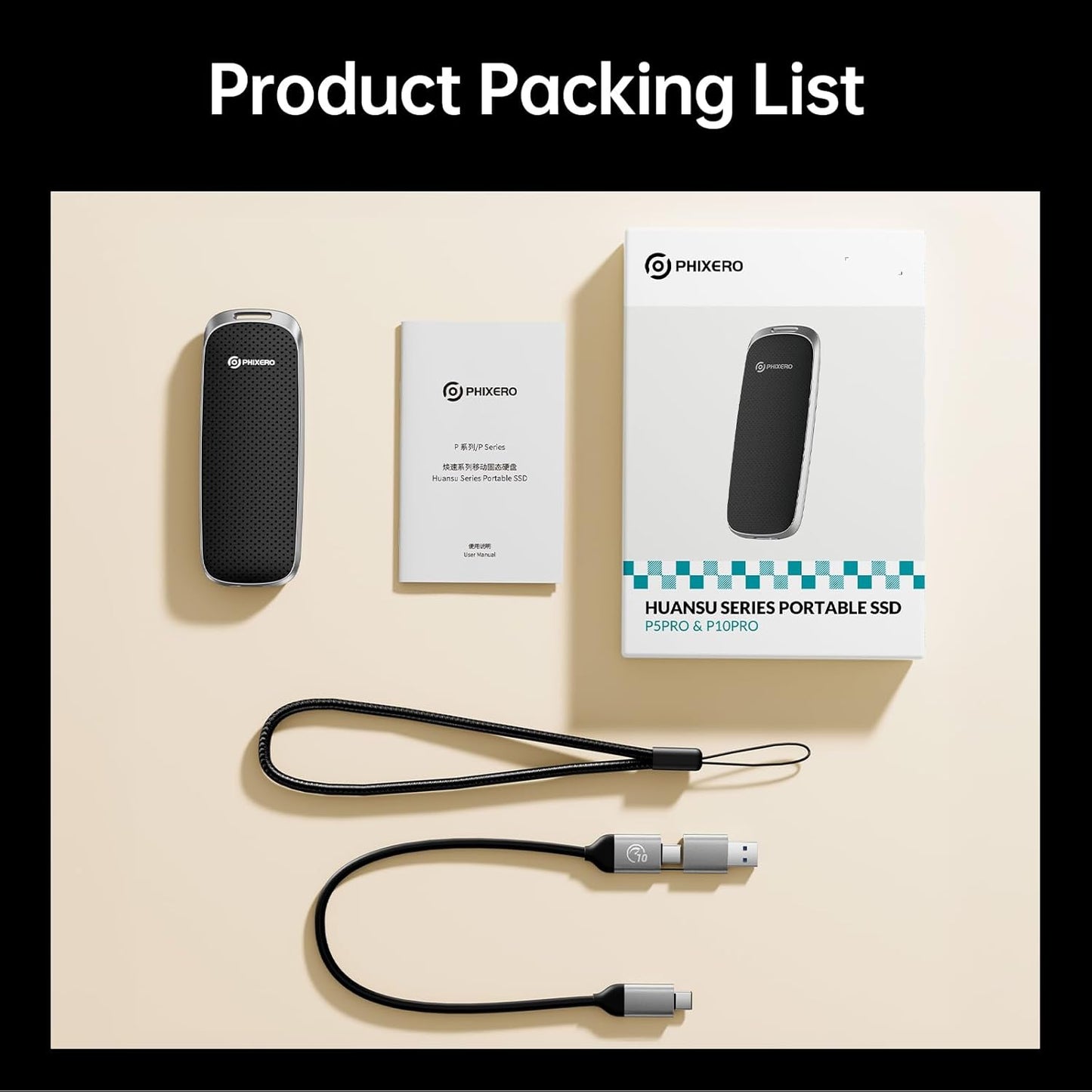 PHIXERO P10PRO 2TB Portable SSD, Type-C Interface, Up to 1050 Gbit/s, Integrated mSTAT SSD for Ultra-Fast Data Transfer, Black - QUORE