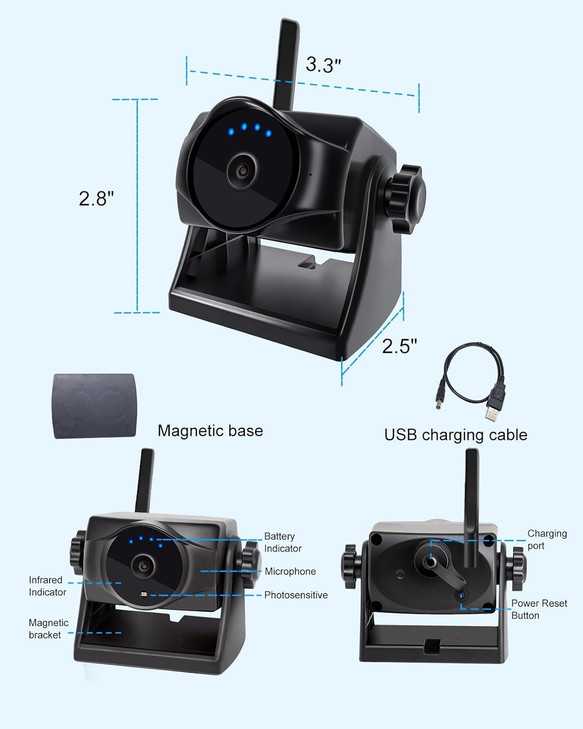 1080P Magnetische draadloze achteruitrijcamera, wifi-achteruitrijcamera met duurzame accu, 90 dagen stand-by, nachtzicht, IP69K, eenvoudige installatie voor vrachtwagens, aanhangers, compatibel met