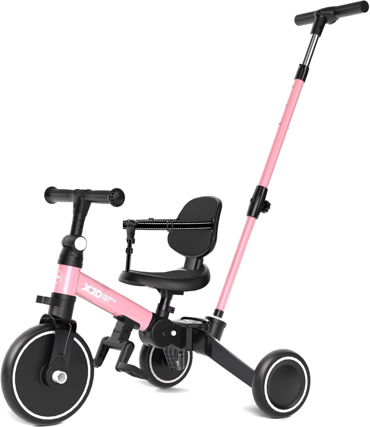 XJD 5-in-1 driewieler, loopfiets vanaf 1 jaar met duwstang voor kinderen vanaf 1 - 4 jaar, loopfiets met afneembare pedalen en verstelbare zitting, kinderdriewieler, babyfiets (roze)