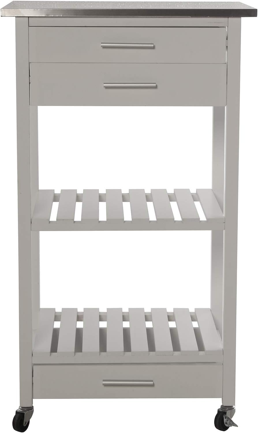 DRW keukentrolley met 3 laden en houten plank: grenen en MDF met deksel van roestvrij staal in wit 50 x 40 x 86 cm