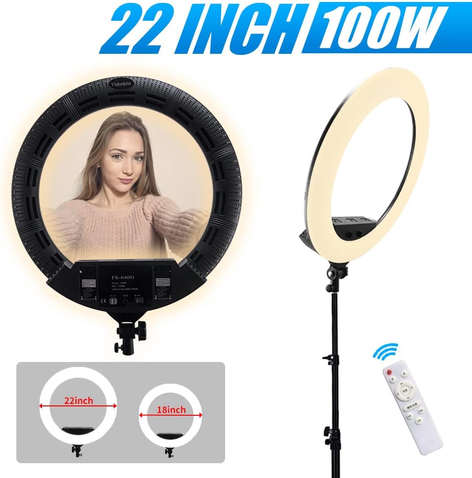 22 inch 100W LED ringlamp licht kits:handtas,statiefstandaard,infrarood afstandsbediening en 3 bases van de telefoon beugel,voor make-up portret Selfie YouTube verlichting (zwarte kleur)