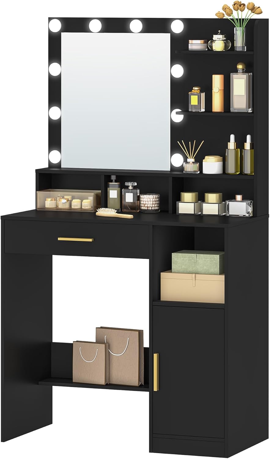 Hzuaneri Dressing Table with Mirror and 10 Led Lighting, with 3 Shelves & 4 Open Compartments, Dressing Table with Large Drawer & Cabinet, 3 Adjustable Luminosity, BlackVT08106X