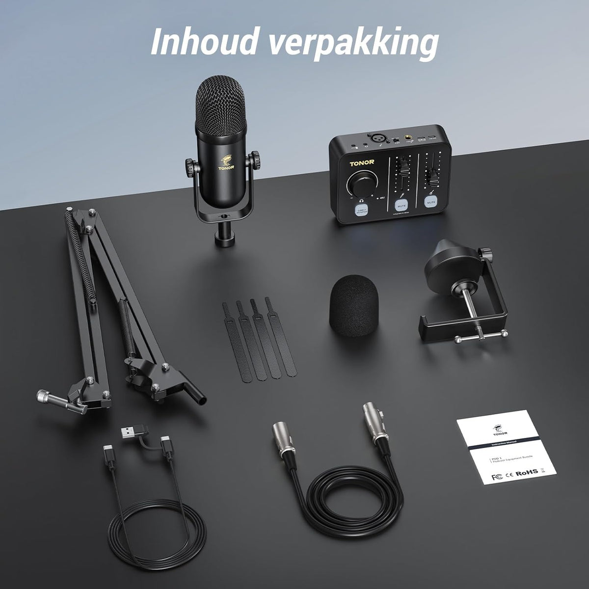 TONOR Podcast-Apparatuurpakket, Mixer met Dynamische Microfoon en Microfoonarm, XLR-Microfoon met Studio-Audio-Interface, Microfoonarm, Alles-in-één Pakket voor Opnemen, Streamen, POD-1