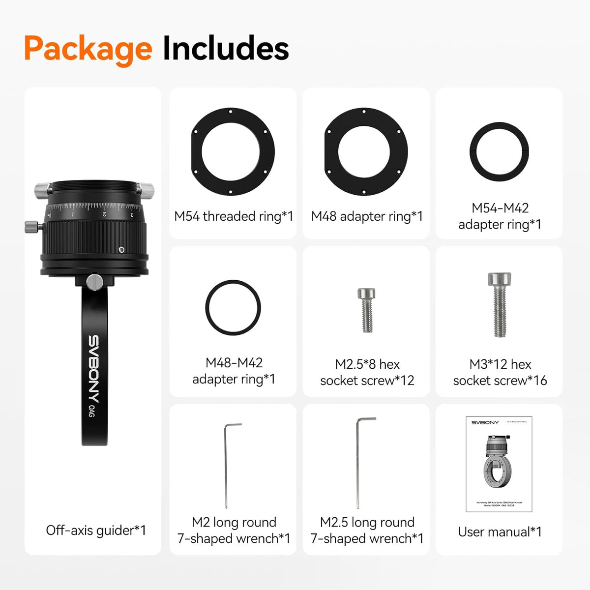 Svbony SV238 OAG (Off-Axis Guider), 8 * 14mm Prisma Groot, 12,5 mm Bodydikte CNC geleidescoop, Dual Helical Focuser Telescoopaccessoire, met M54, M48, M42-adapter, voor Astronomiefotografie