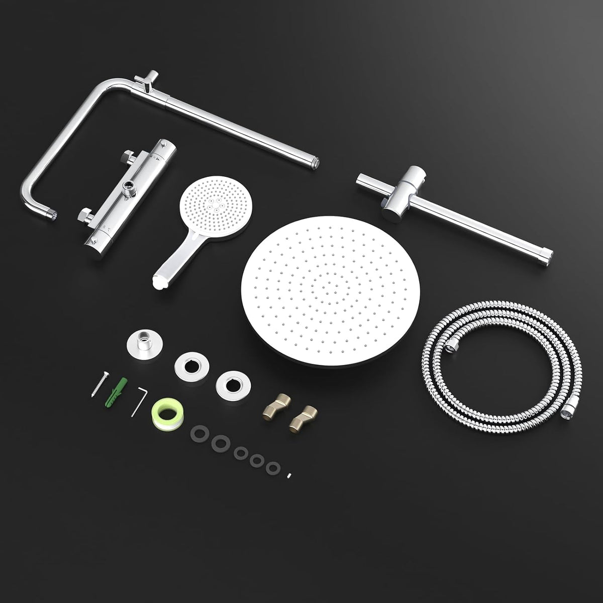 Rainsworth Douchesysteem met thermostaat, chroom, complete set met 30 cm, ronde regendouche, douchekop, 5 straalsoorten, douchekop, 92-126 cm in hoogte verstelbaar, regendouche met kraan, doucheset