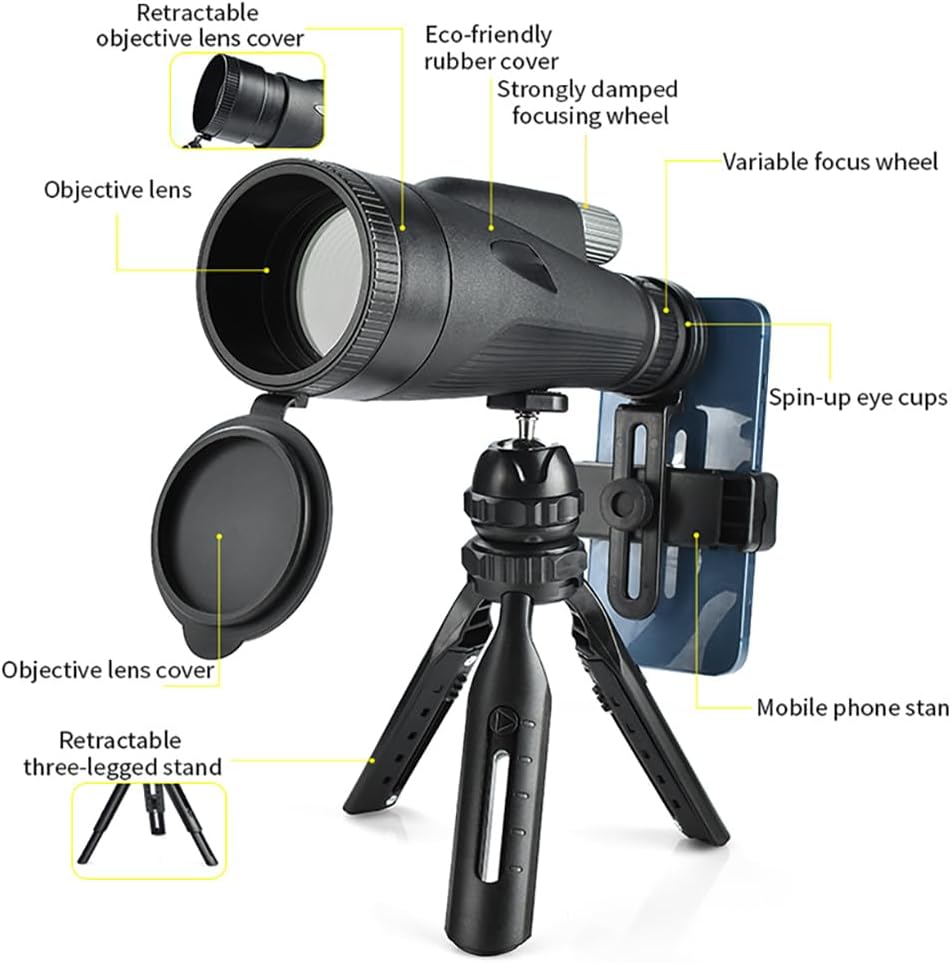 Monoculaire telescoop, 12-36 x 60 ED zoom, monoculair nachtzicht (24 mm oculair + 60 mm lens), waterdicht, met BAK4 prisma & FMC-lens met adapter en statief voor klimmen, balspellen, observatie van