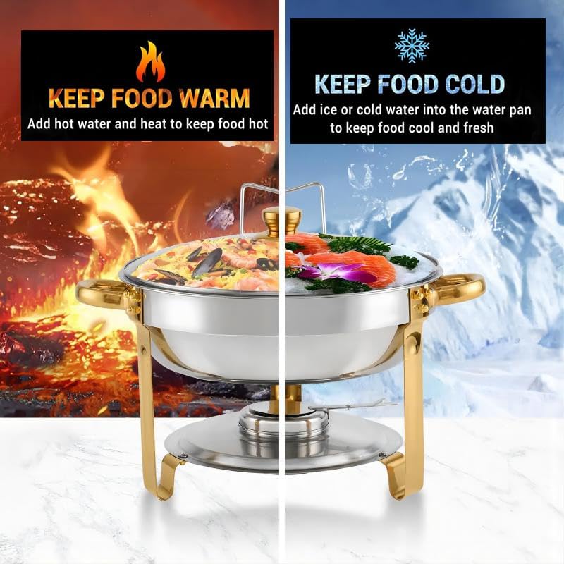 4 Pack Chafing Dish Buffet Set 5 Qt, 5L RVS Chafing Dishes, Ronde Catering Warmer Server met Glazen Deksel & Cover Houder, Voedsel Warmers voor Feesten, Bruiloft, Verjaardag (Sliver-Glas)