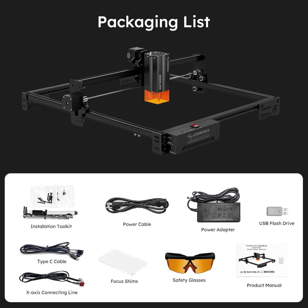 ATOMSTACK A20 PRO V2 lasergraveermachine 20W lasersnijder, uiterst nauwkeurige lasersnijder voor gepersonaliseerde geschenken, visitekaartjes, hout, metaal, acryl, leer