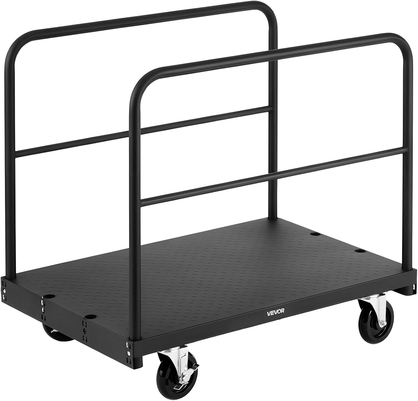 VEVOR Drywall Trolley Load Capacity 810 kg Steel Plates 12.5 mm Casters Platform 91.5 x 61 cm with 3 Side Handrails for Factory Garage Black