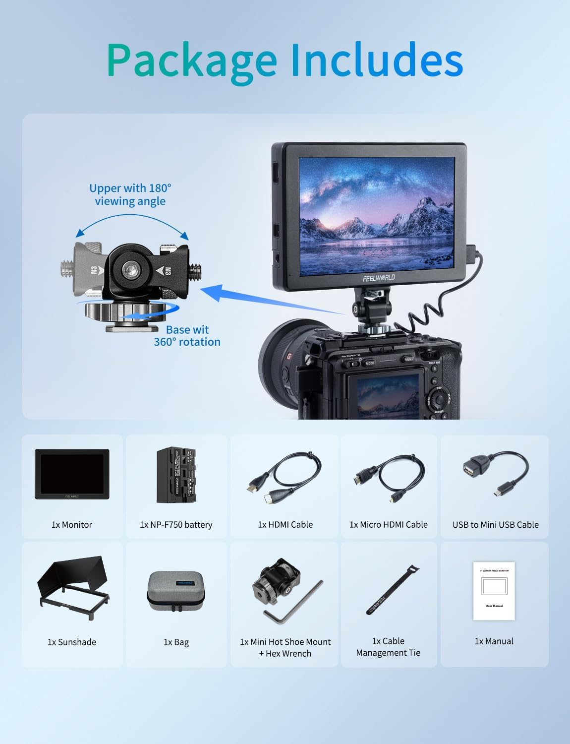 FEELWORLD T7SPRO 2000 Nits Camera Field Monitor 7 Inch 1920x1080 IPS Camera Monitor met 4K HDMI & 3G-SDI In/Out,3D LUTs,Waveform,HDR,Aluminium Behuizing Inclusief 4400 mAh Batterij en Tas