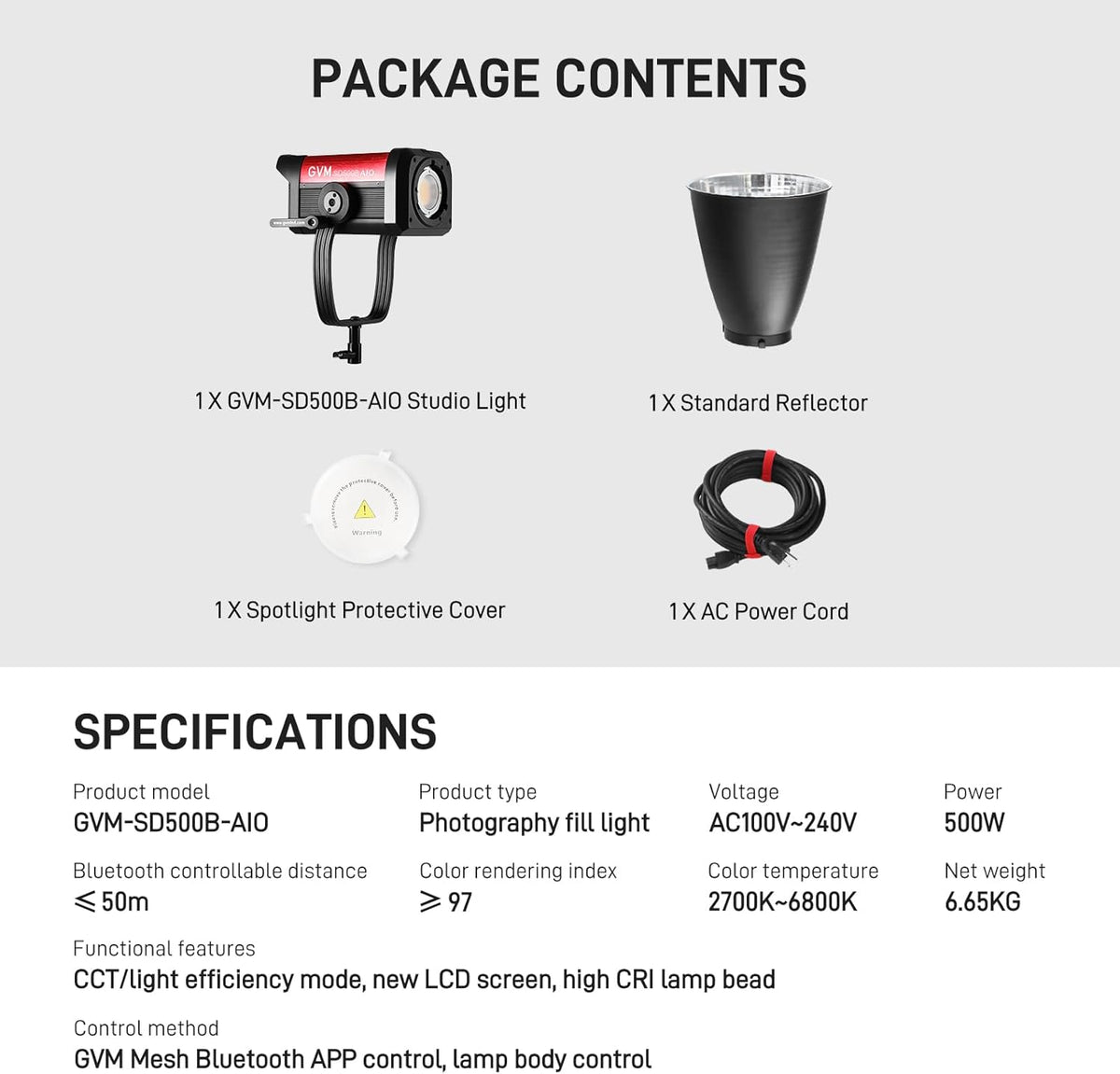 GVM 500 W led-videolamp met app-bediening, 2700 K - 6800 K COB studiolcht videolicht 27040Lux/1 m, studio-fotografie verlichting met bowen-houder, continu licht voor fotografie met standaard afdekking