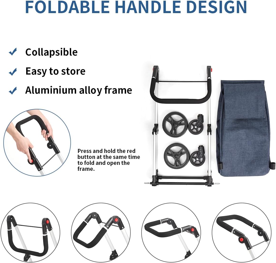 Boodschappentrolley, 4 wielen aluminium winkelwagentje, 46L opvouwbare boodschappentrolley met geïsoleerde koeltas (blauw)