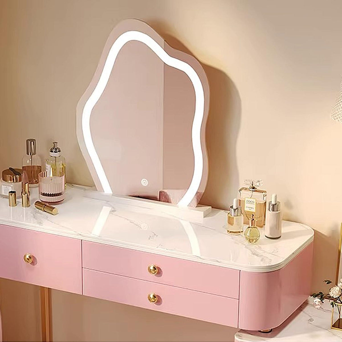 Vanity Desk with 3-Color Lighted Mirror, Makeup Vanity Table Set with Lights & Charging Station, 5 Drawers, Shelves, Dressing Table with Stool for Women Girls (Color : B) - QUORE