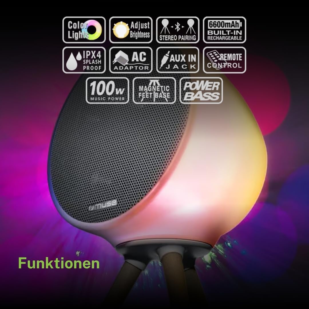 MUSE ML-655 BT Draagbare HiFi-luidspreker met magnetisch statief en sfeerlicht (RGB), bluetooth, grote batterij van 6600 mAh