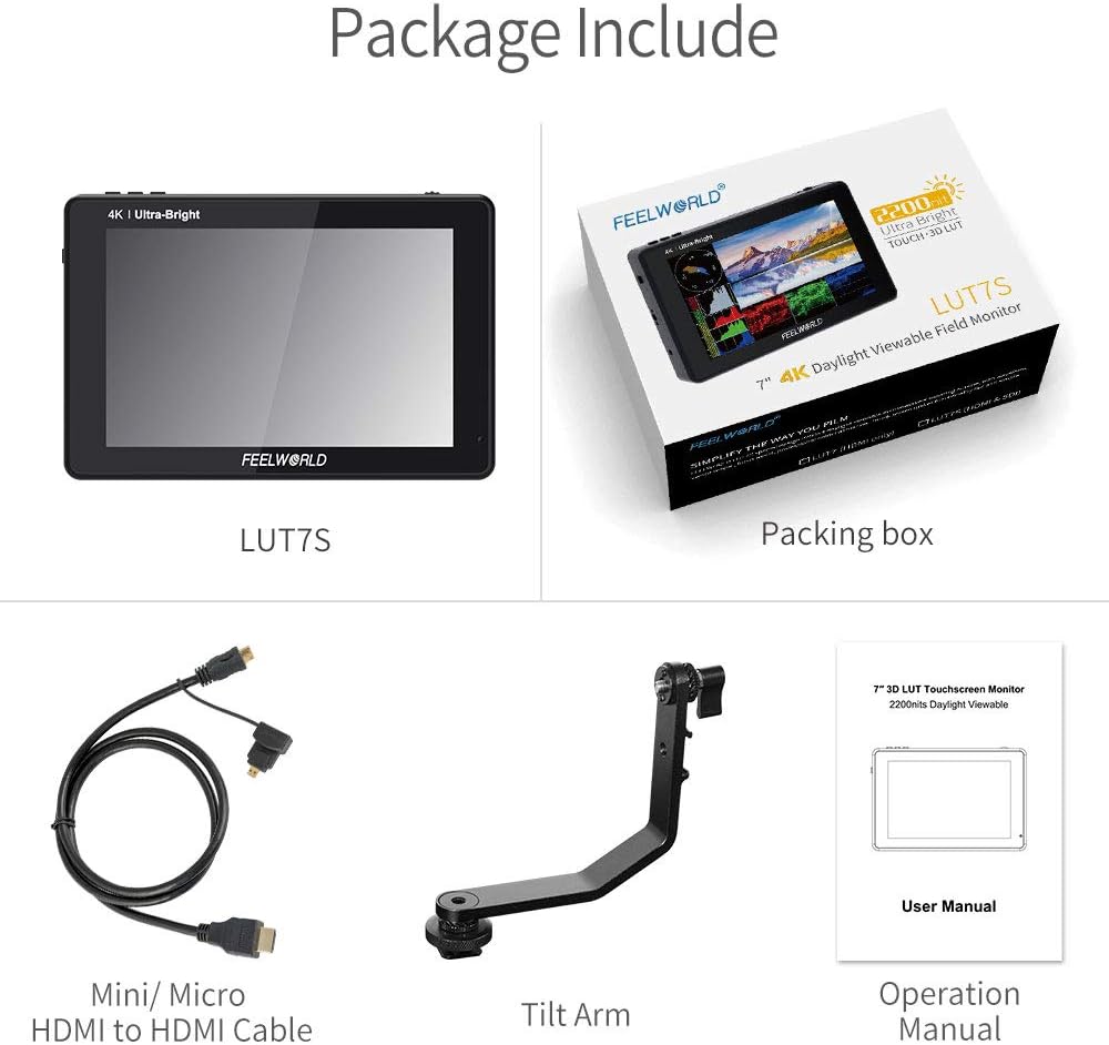 FEELWORLD LUT7S 2200Nits DSLR Camera Monitor 7 Inch TouchScreen Field Monitor with Light Sensor,3G-SDI & 4K HDMI Loop In/Out,3D LUTs,FHD 1920X1200 IPS,HDR Waveform,F970 Dual Battery Plate - QUORE