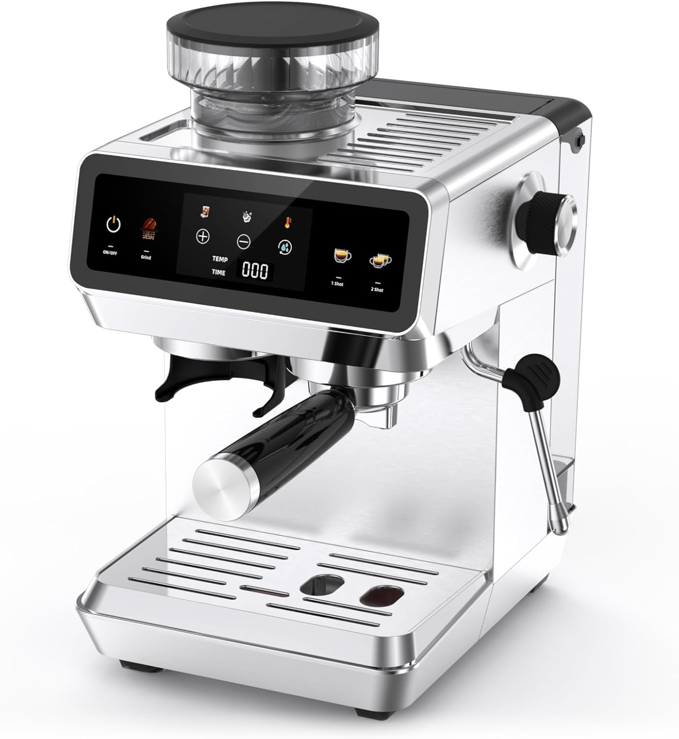 AMZCHEF Filterdragermachine, 20 bar espressomachine met maalwerk, 44 maalgraden, 4 temperatuurniveaus, Cold Brew, 1,8 l tank, espressomachine met melkopschuimer, IMD touchscreen, roestvrij staal