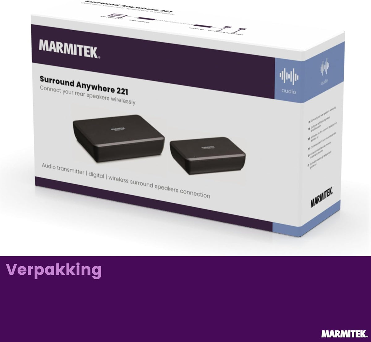 Marmitek Surround Anywhere 221 - Draadloze audiozender – Digitale verbinding met lage latentie – Zonder vertraging – Ingebouwde versterker & volumeregeling – Draadloze surround speakers