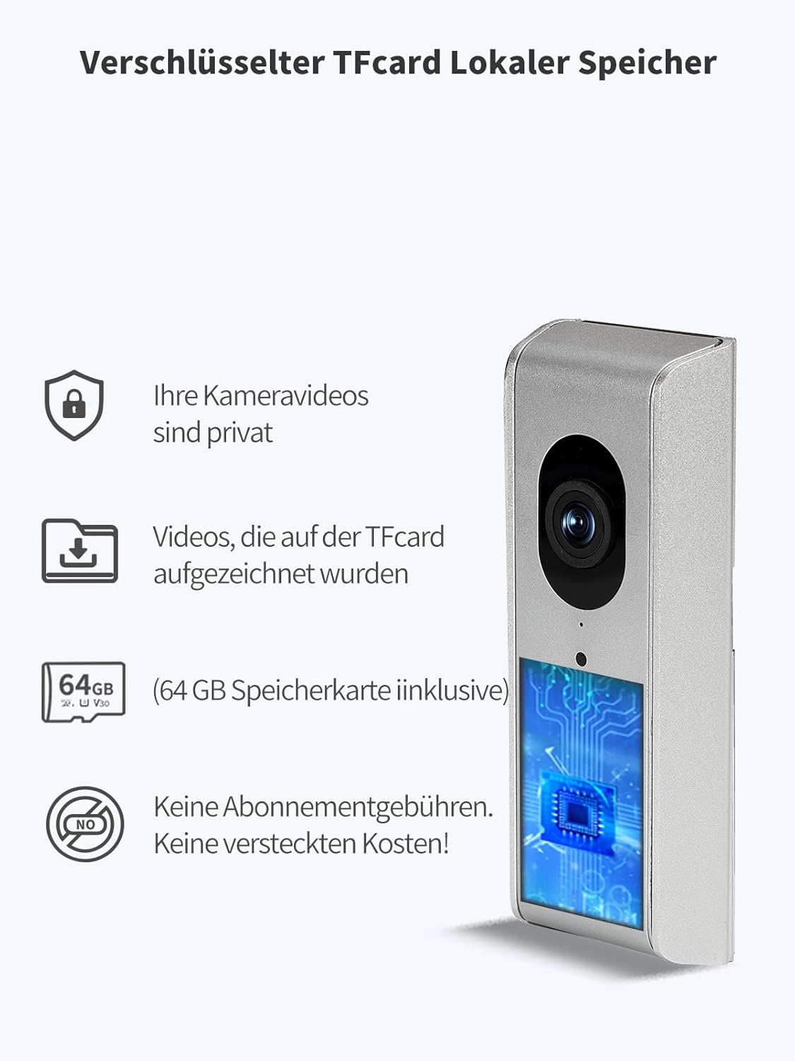 SecuFirst Slimme Video Deurbel met Camera met Draadloze Gong,Bedraad Doorbell, + SD Kaart 64GB opslag,Geen Verborgen Kosten, 2-Weg Audio, Zilver- DID701S