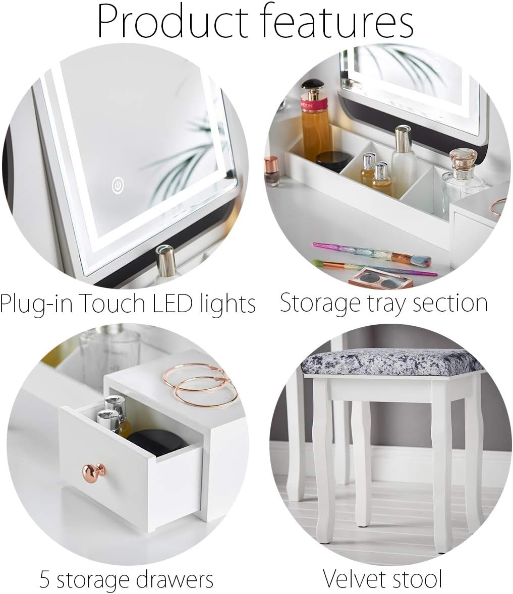 ice cream what's your flavour? Luxury Dressing Table with Touch Sensor Vanity Mirror LED Lighting & Stool 5 Drawers Set For Bedroom Makeup Jewelry Storage (DT010-TBPLUG WHITE) - QUORE