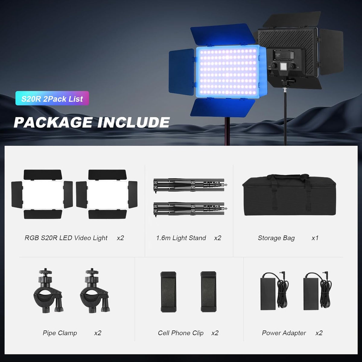 Soonpho 2 stuks videolicht, led, RGB, paneel met roosterdeur, 2500 – 8500 K, dimbaar, 20 W, fotografie, studiolicht, met 1,6 m statief en mobiele telefoonhouder voor video, YouTube Live