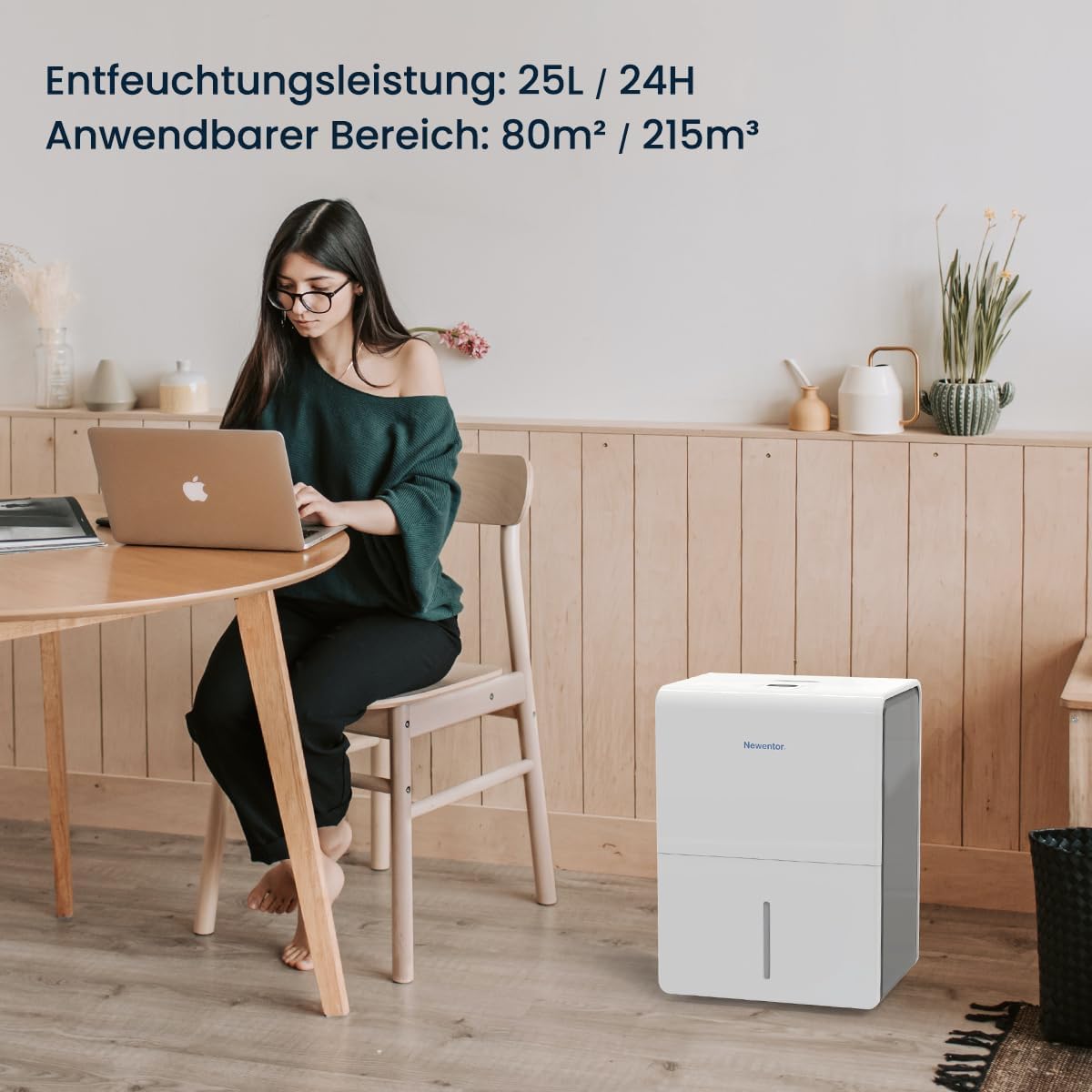 Newentor Luchtontvochtiger 25 l/24 uur, voor ruimtes van 215 m³/80 m², 3-voudige geluidsreductie, energiebesparende chip, eenvoudige bediening, met 1 m afvoerslang en afneembaar filter, timer