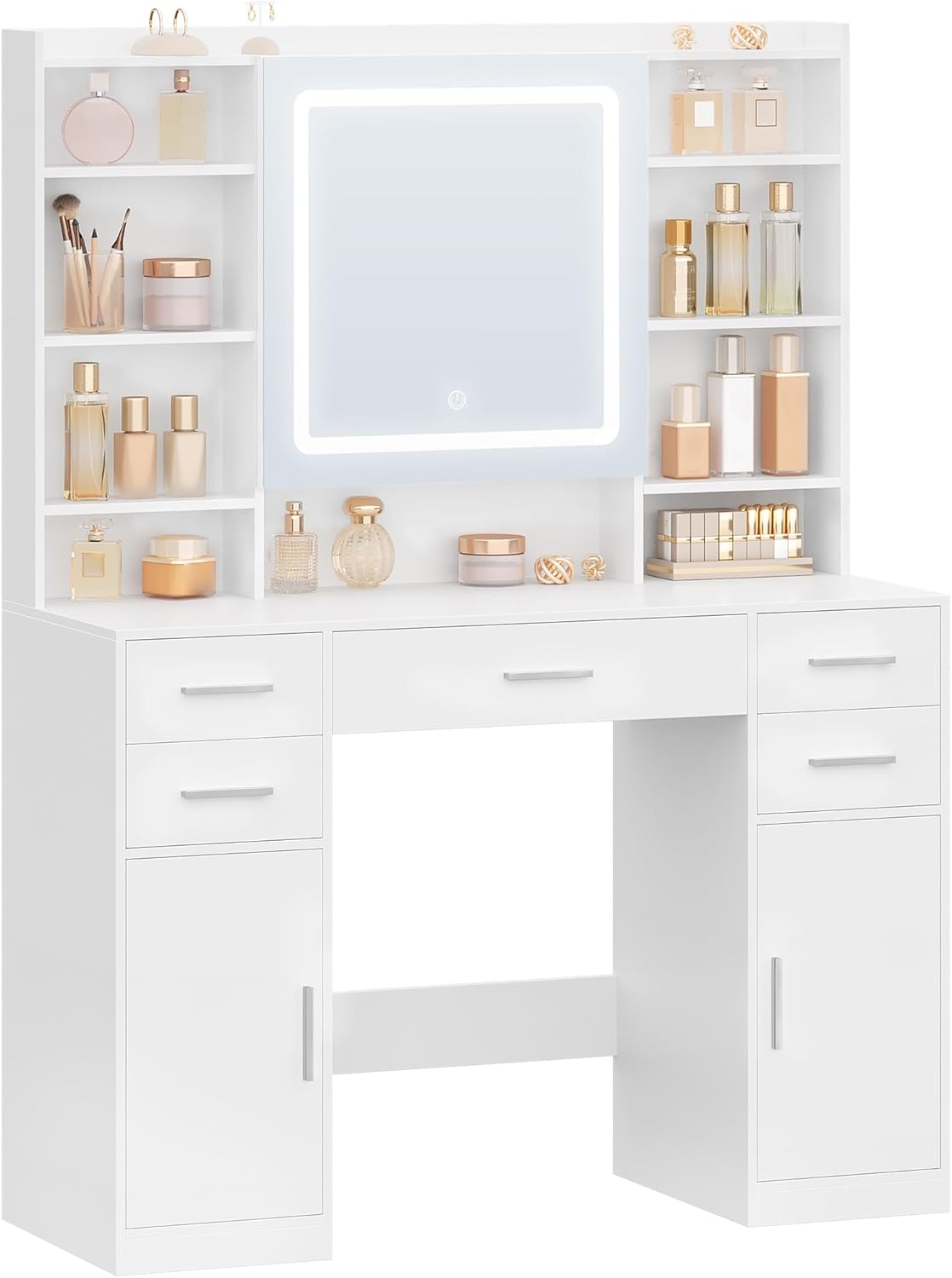 108cm Dressing Table with Mirror, Dressing Table with 3 Color LED Lighting, Makeup Desk with Hidden Shelves, 5 Drawers, 2 Cabinets and 9 Open Shelves, For Bedroom, White - QUORE