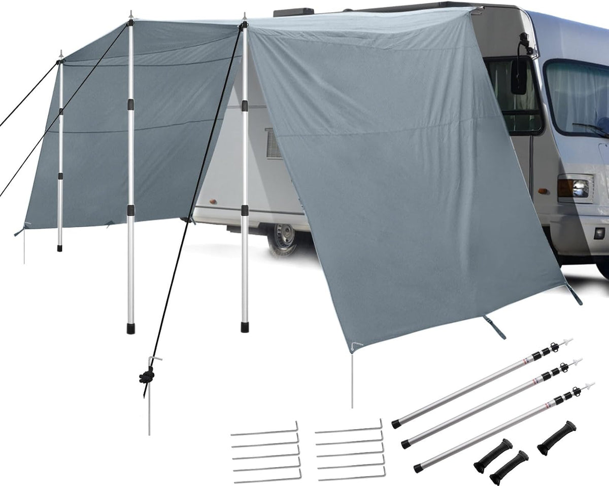 Voortent Caravan Met Rail 4 x 2,4 m (4-7 mm), Zonnezeil, Drie Zijden Tarp Met Stangen, Stormband voor Voortent, Campingaccessoires