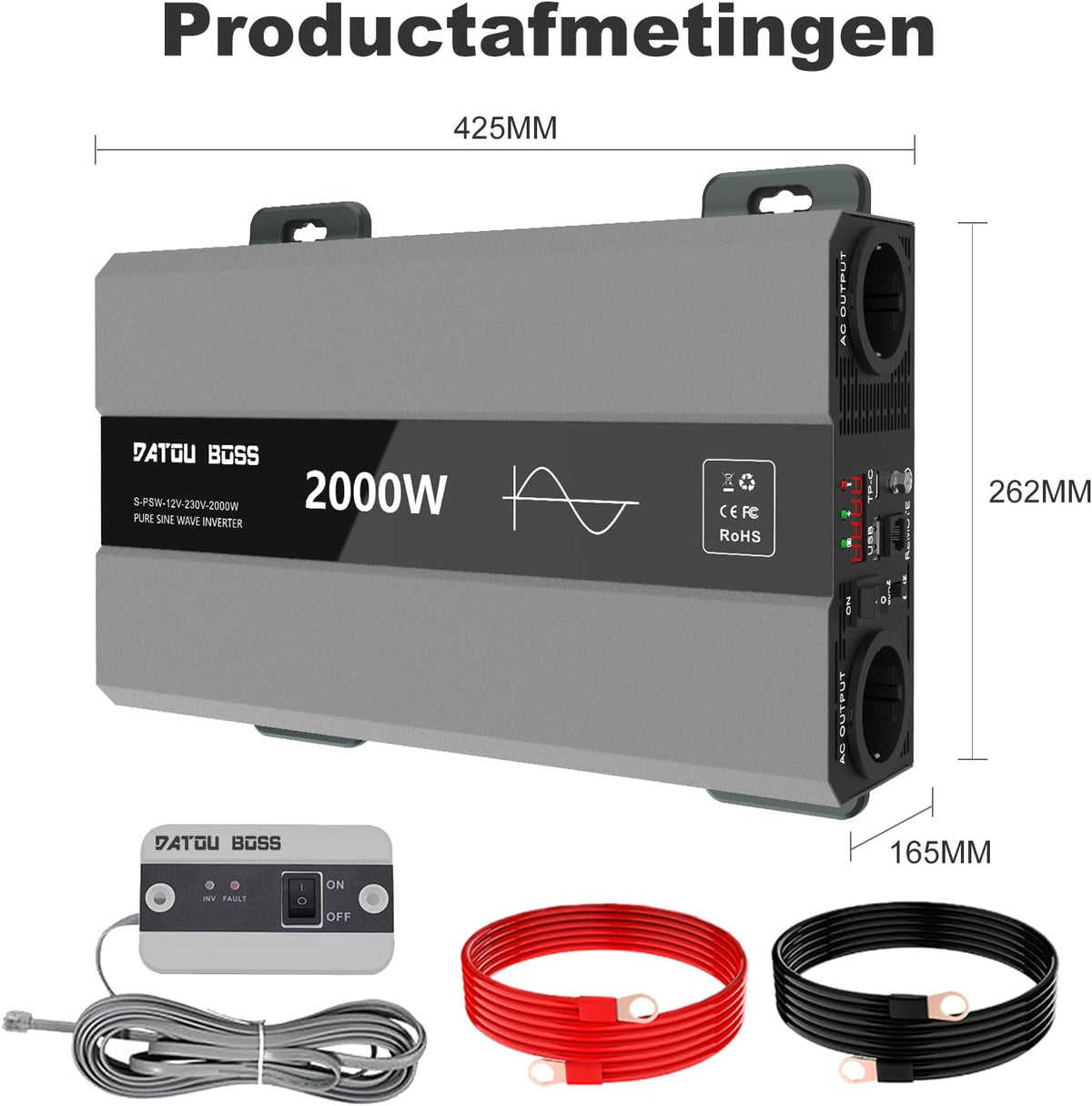 DATOUBOSS Omvormer 12v naar 230v Zuivere Sinus 2000w, Omvormer 12v naar 230v met AC-Aansluiting en 3A USB-Poort Soor Thuis, Camper, Off-Grid Zonne-Energie-Inverter (SAK-12V2000W)