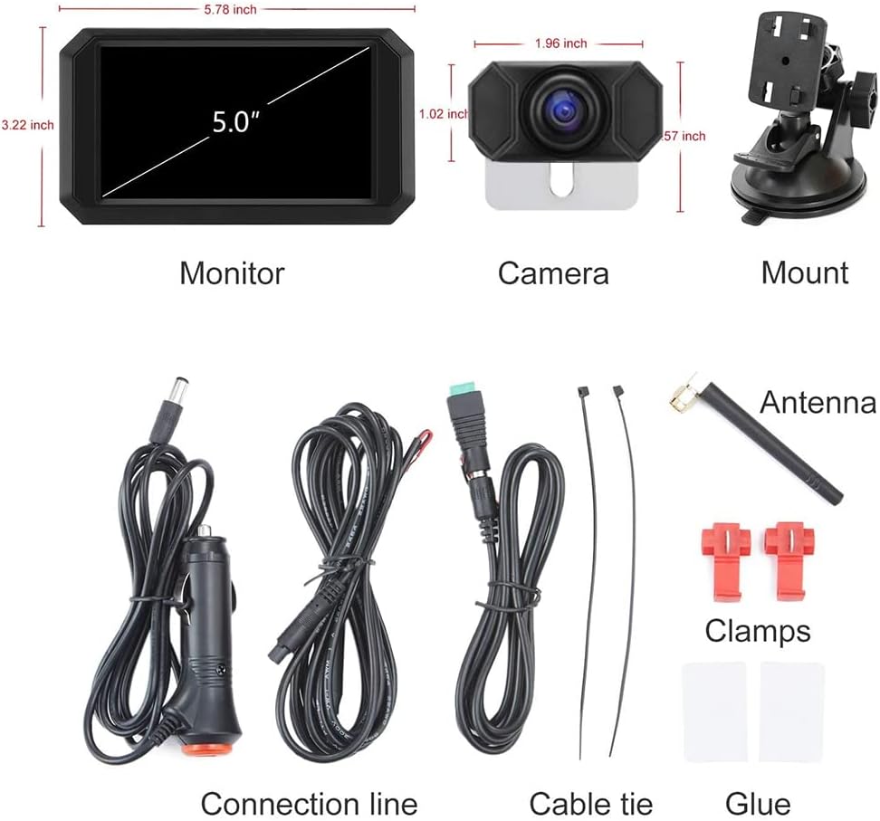 OBEST Digitale draadloze achteruitrijcamera-kit, 5 inch 1080p scherm en waterdichte nachtzichtcamera met spiegelomkering en parkeerassistent voor 9-28 V