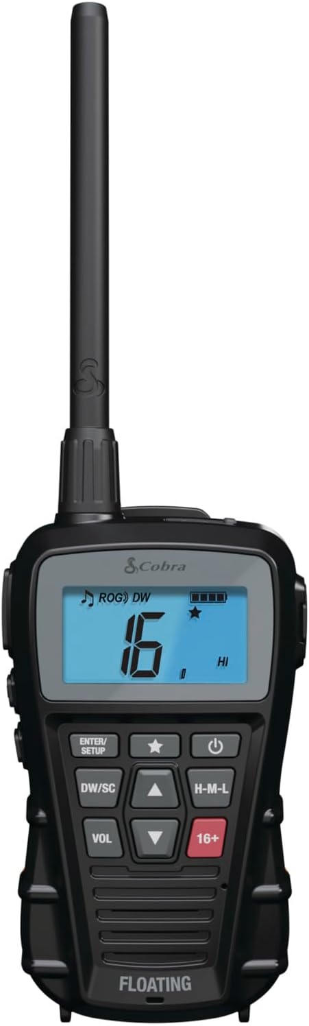 Cobra BlueBound 150 Handheld VHF Marine Radio - 3 watt, drijvend, IPX7 waterdicht, dompelbaar, lcd-display, geheugenscan, riemclip, zwart