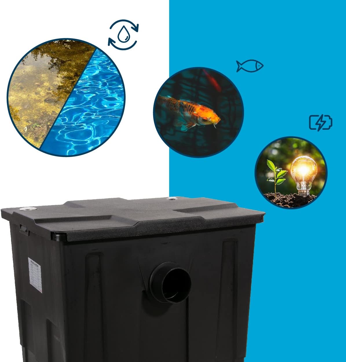 AquaForte MBF-550 meerkamerfilter, afmetingen 69 x 52 x 40 cm, max. vijvercapaciteit 24 m³ zonder vissen, max. debiet 12 m³/h, eenvoudig te installeren en te reinigen, geschikt voor verschillende