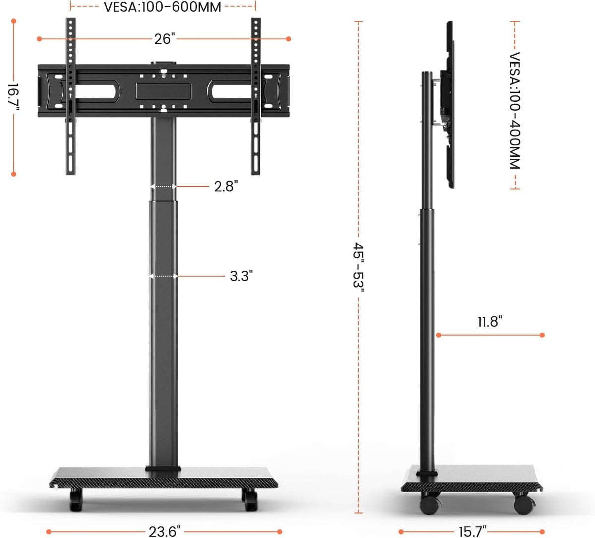 Mobiele tv-kar rollende tv-standaard voor schermen van 26-70 inch, mobiele tv-kar voor maximaal 80 lbs, 25° draaibaar met 6 niveaus van hoogteverstelling voor optimaal zicht, tv-standaards voor