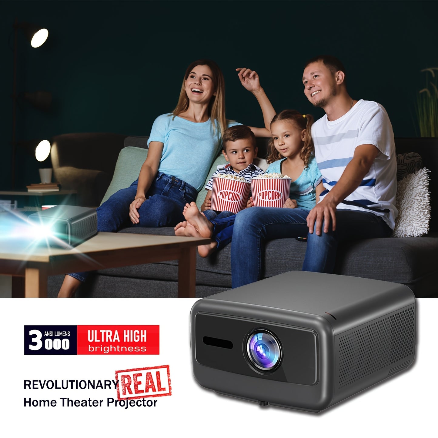 Projector – Beamer – Mini Beamer – Home Cinema – Smart Projector – Full HD 1920x1080 – Android 12 & 3000 ANSI Lumen – Draadloos WiFi & Bluetooth – Compact Donkergrijs Design