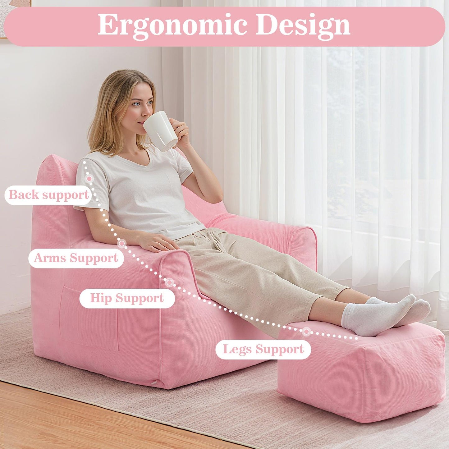 Zitzak – Zitzakstoel – Poef – Loungestoel – Fauteuil – Grote Zitzak Met Verstelbare Poef – Memory Foam Vulling – Zachte Corduroy Stof – Roze