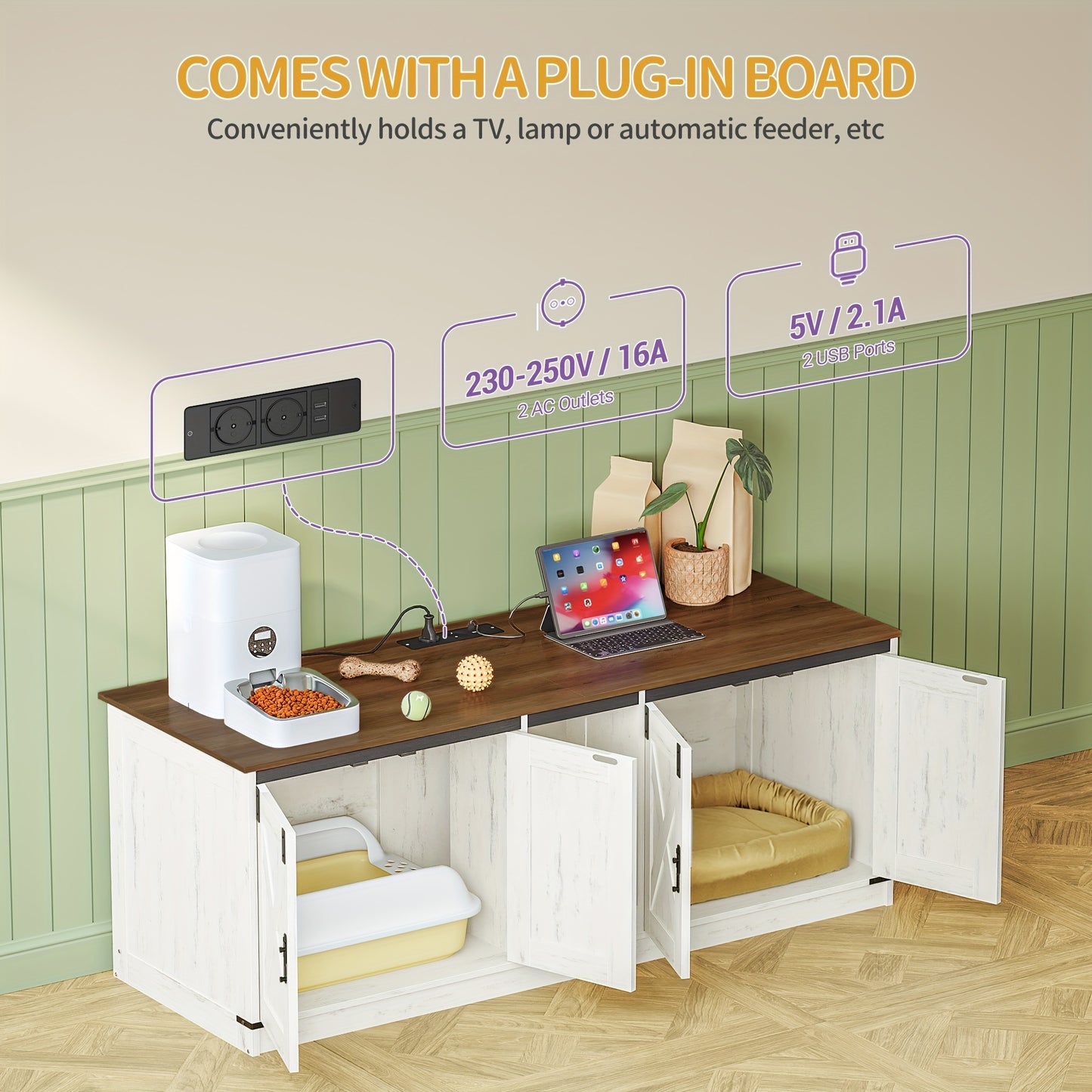Cat Cabinet With USB Ports And Sockets, Cat Litter Box Cabinet, 140 Cm Hidden Cat Litter Box For 2 Cats, Indoor Cat House With Cat Bell, Brown-White