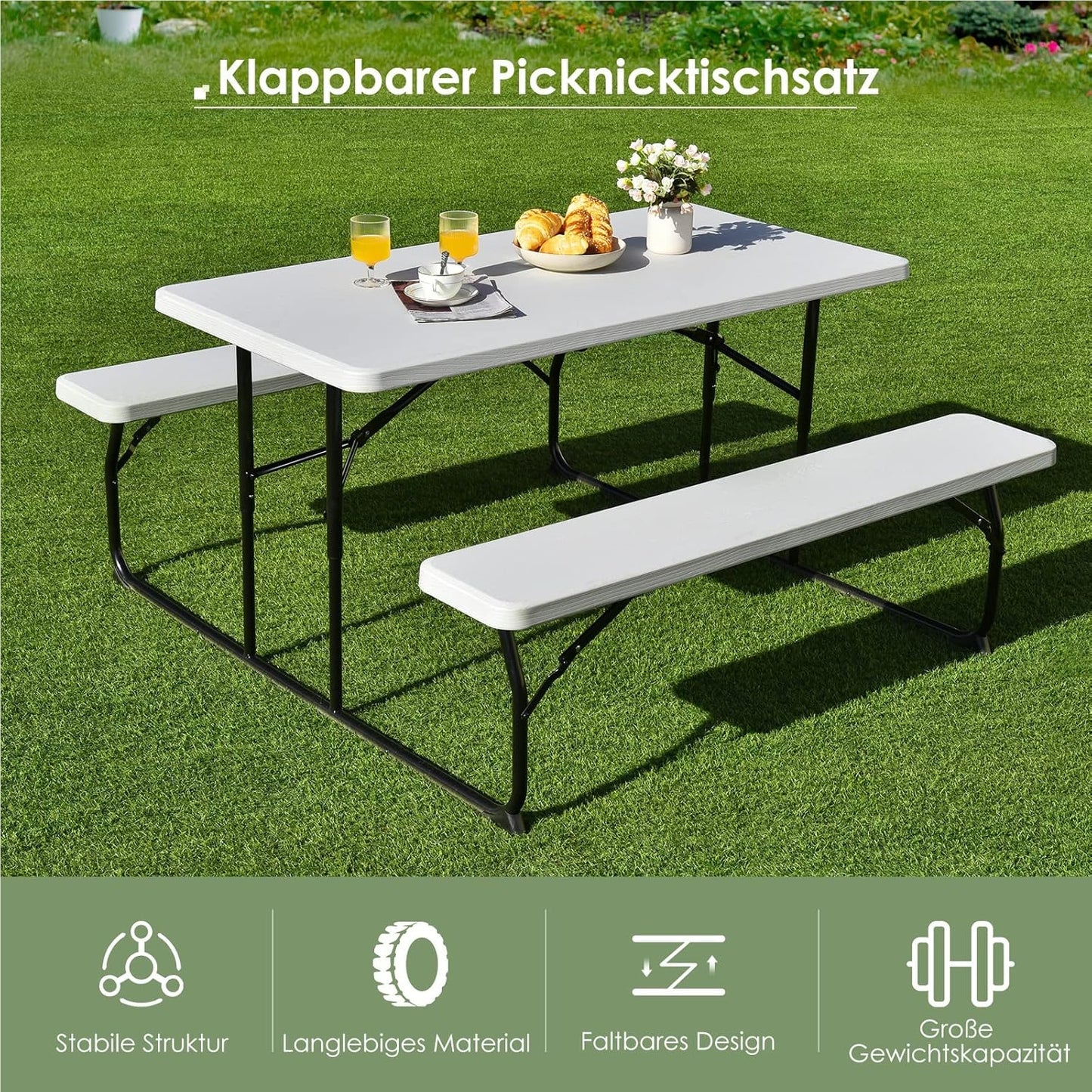 Campingtafel – Picknicktafel – Klaptafel – Vouwtafel – Kampeertafel – Inklapbaar – Ruim 136 cm – Weerbestendig Wit
