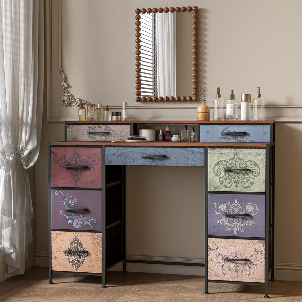 Toilettafel – Kaptafel – Make-uptafel – Opmaaktafel – Ladekast – 9 Lades – Houten blad – Metalen frame