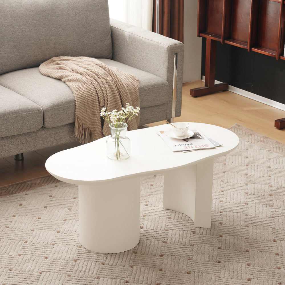 Modern White Curved Coffee Table - 100cm Long Irregular Oval/oval-like (not a true oval) Tabletop, Space-Saving Sturdy Metal-Free Assembly Design, Low-Maintenance White Finish, Large Living Room Center Table for Sofa & Bedsid
