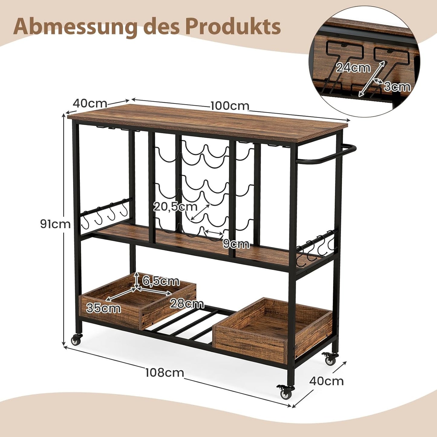 Serveerwagen – Barwagen – Trolley – Wijnkar – Serveerkar – 3-laags Ontwerp – Robuust Hout & Metaal – 8 Wijnglazen & 9 Flessenhouder – 4 Wielen Met Remmen – Rustiek Bruin