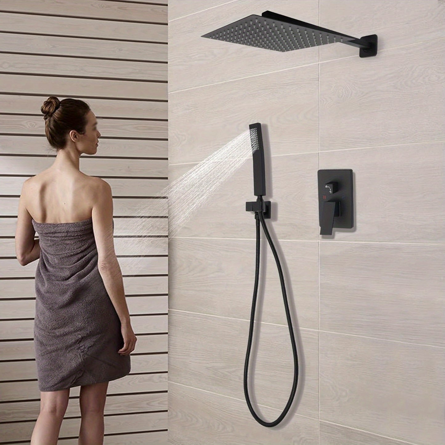 Doucheset – Regendouche – Douchekraan – Douchekop – Handdouche – Inbouw – Mat Zwart – Vierkante 30 cm Stortdouche – Dubbele Knoppen
