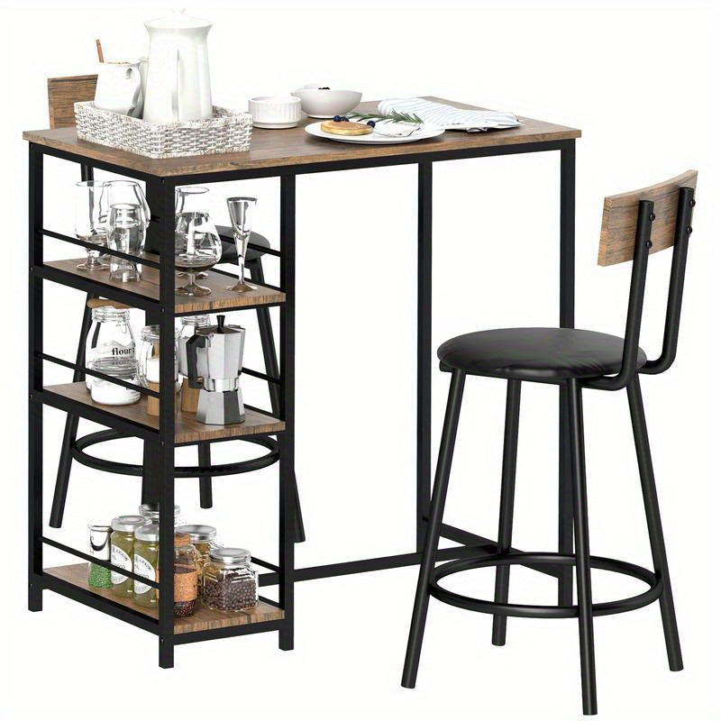 3-in-1 Barset – Bartafel – Hoogtafel – Bistroset – Eethoek – Ruimtebesparend – Stevig MDF en Metaal – Inclusief 2 Comfortabele Stoelen met Kussens